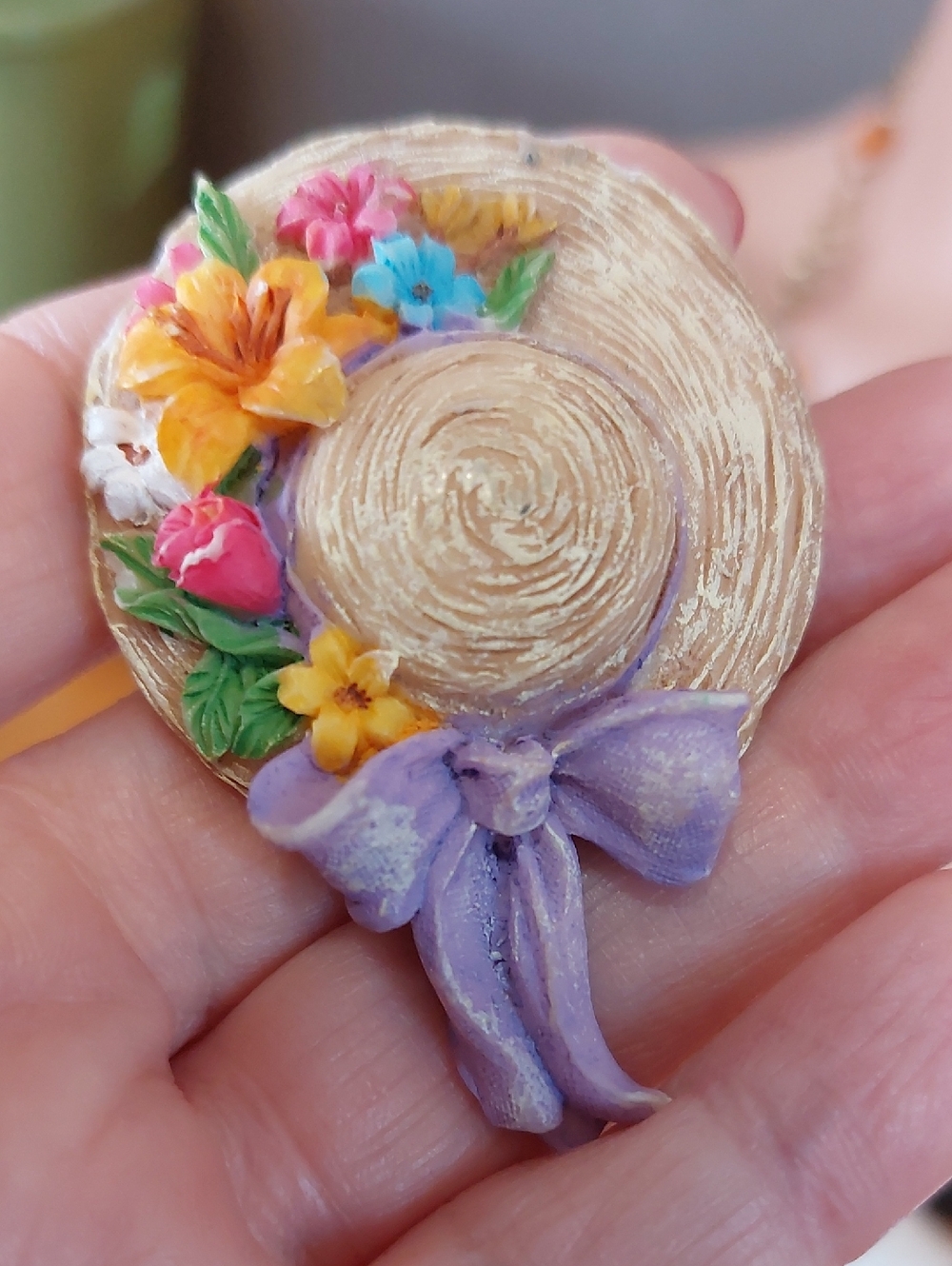 Spring Garden Straw Hat Flowers Ribbon Brooch Pin Cottage Easter Country